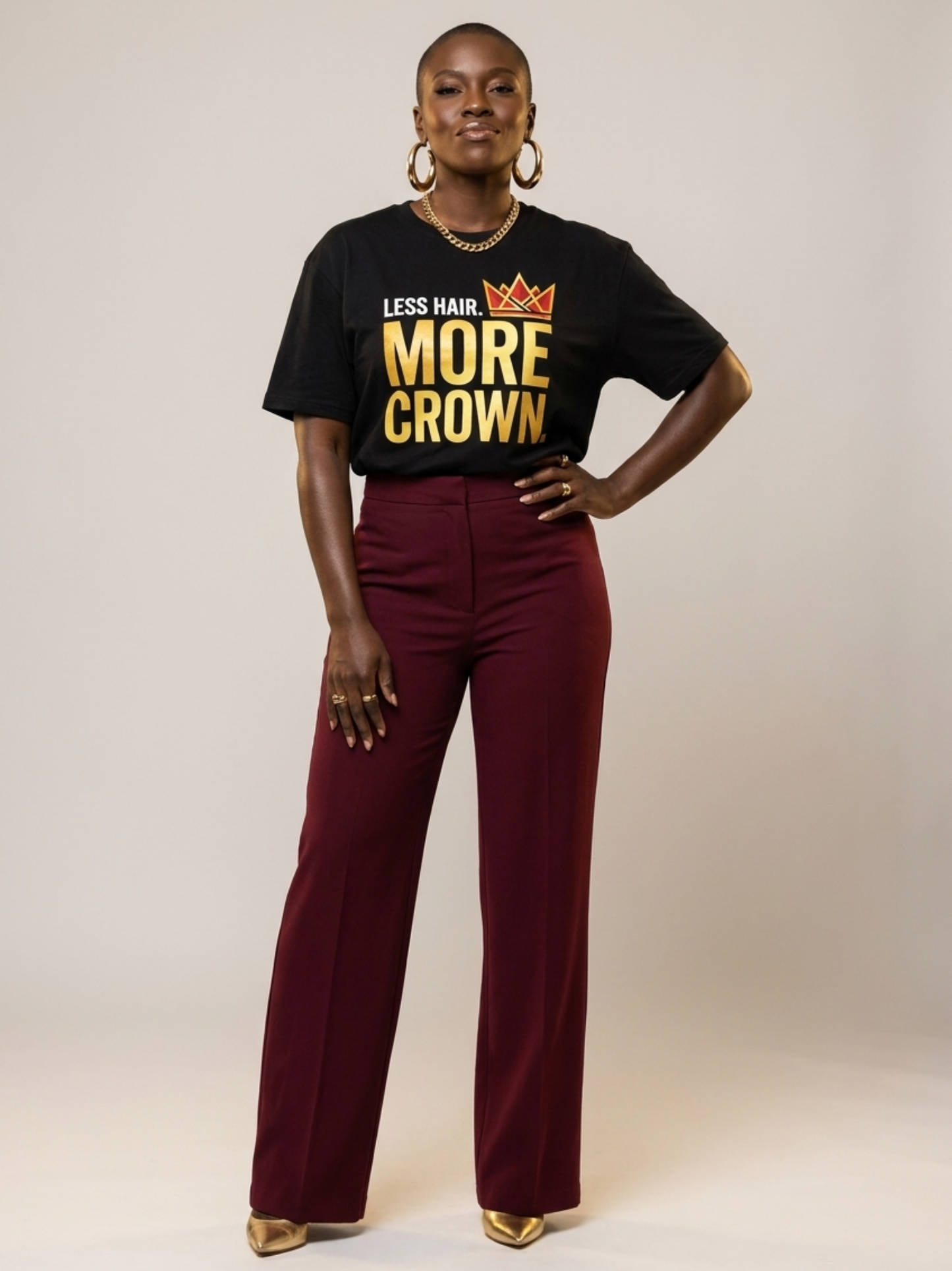 Bald & Proud: Less Hair More Crown Golden Typography Graphic T-Shirt - BoldnTold