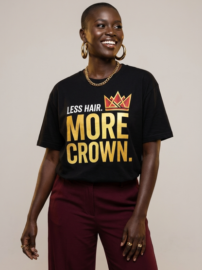 Bald & Proud: Less Hair More Crown Golden Typography Graphic T-Shirt - BoldnTold