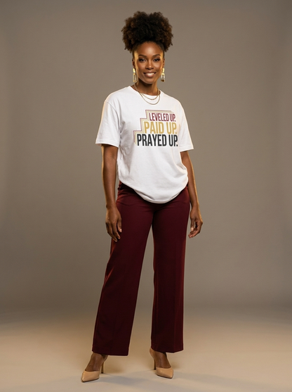 Leveled Up Paid Up Prayed Up: Faith and Hustle Empowerment Graphic T-Shirt - BoldnTold
