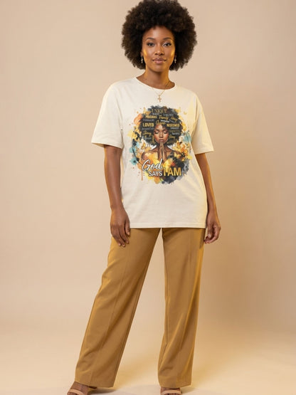 God Says I Am: Black Queen Christian Affirmations Graphic T-Shirt - BoldnTold