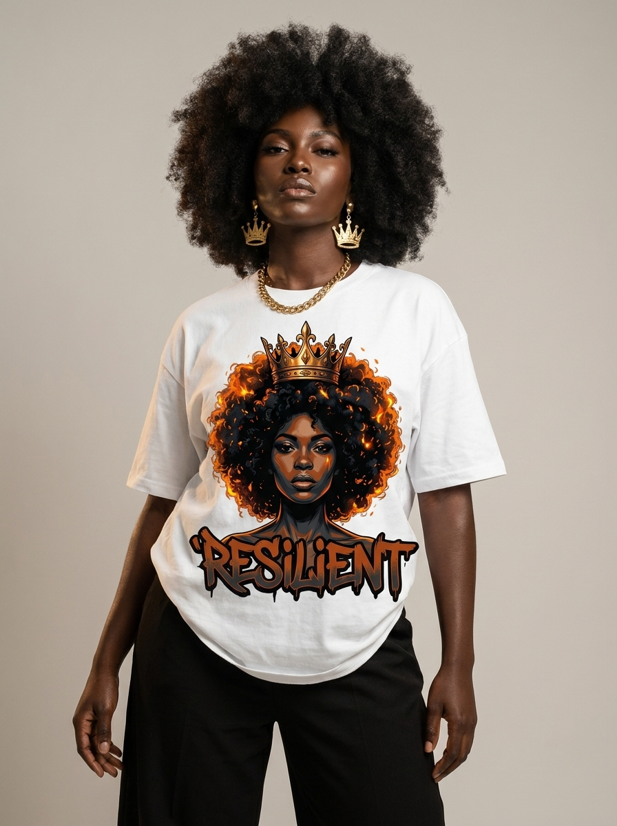 Resilient Black Queen: Fire Afro Crown Graphic T-Shirt - BoldnTold