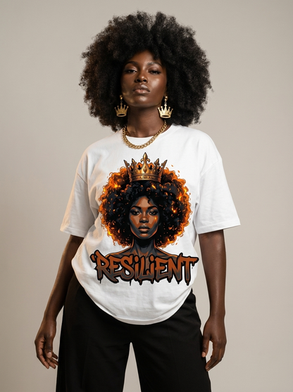 Resilient Black Queen: Fire Afro Crown Graphic T-Shirt - BoldnTold