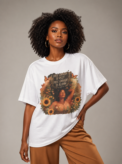 Free Enough To Rest: Juneteenth Floral Melanin Queen Graphic T-Shirt - BoldnTold
