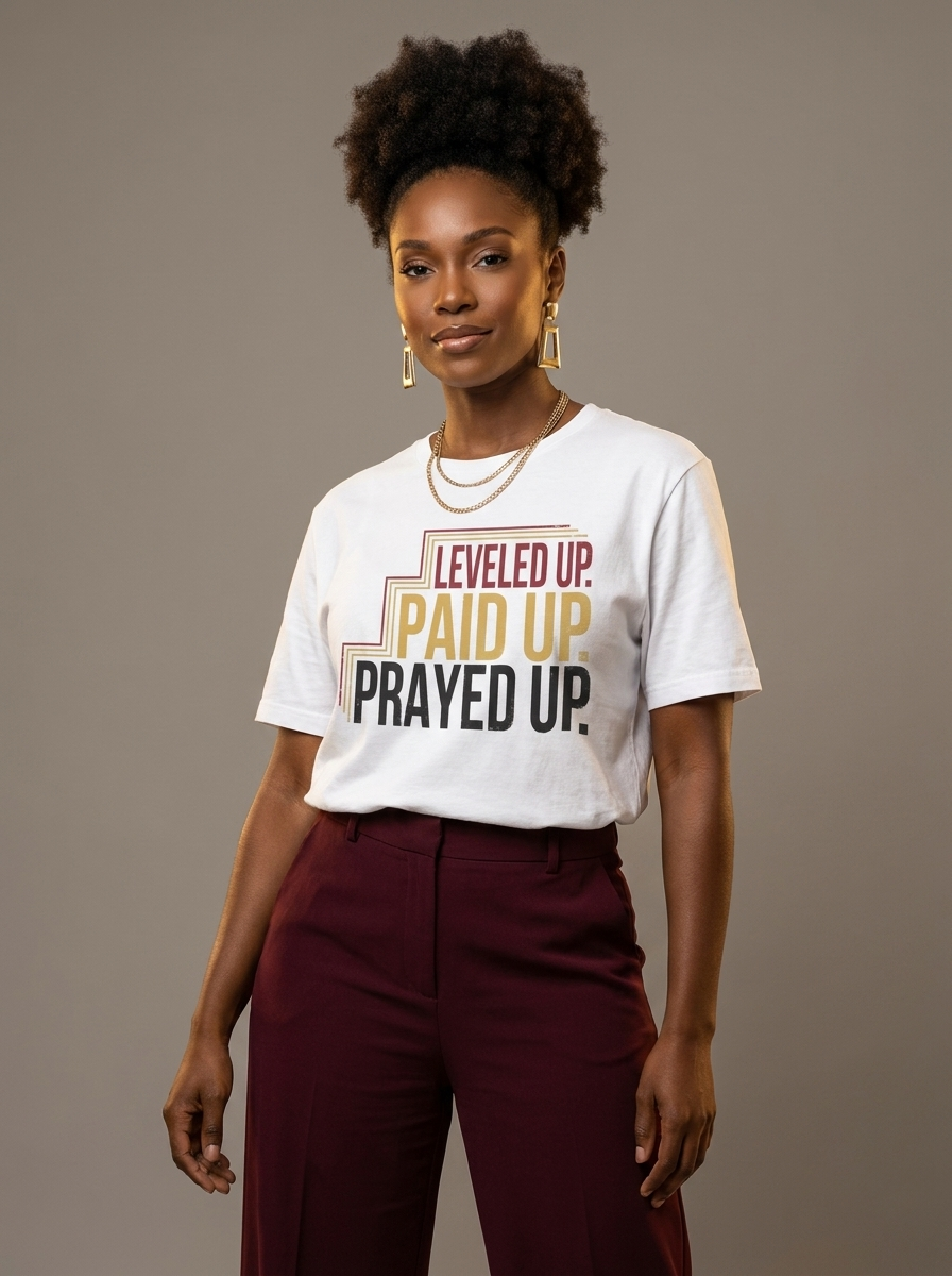 Leveled Up Paid Up Prayed Up: Faith and Hustle Empowerment Graphic T-Shirt - BoldnTold