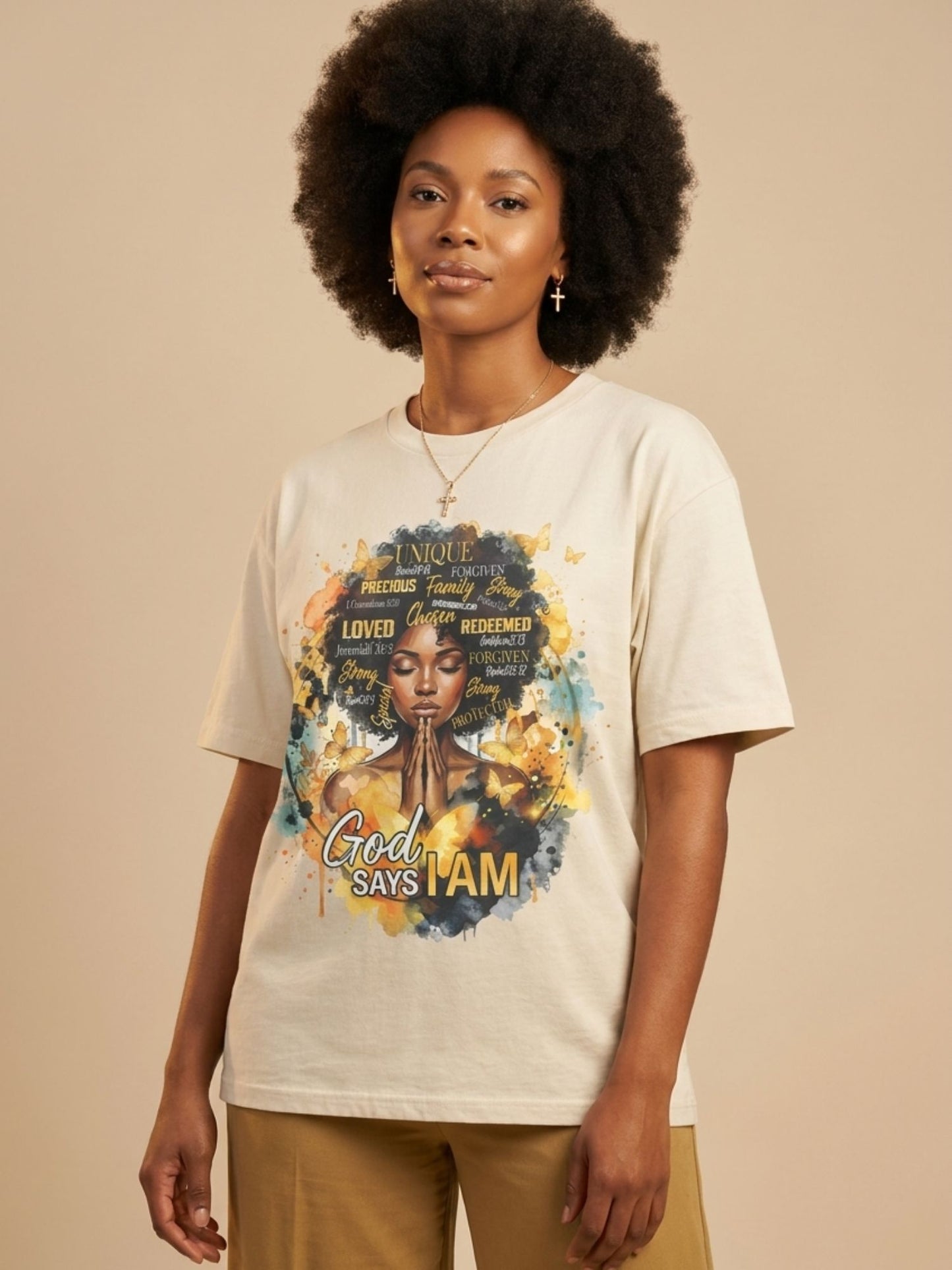 God Says I Am: Black Queen Christian Affirmations Graphic T-Shirt - BoldnTold