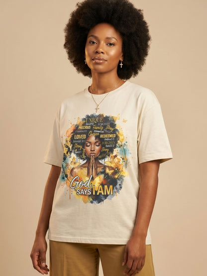 God Says I Am: Black Queen Christian Affirmations Graphic T-Shirt - BoldnTold