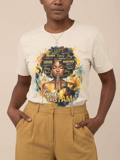 God Says I Am: Black Queen Christian Affirmations Graphic T-Shirt - BoldnTold