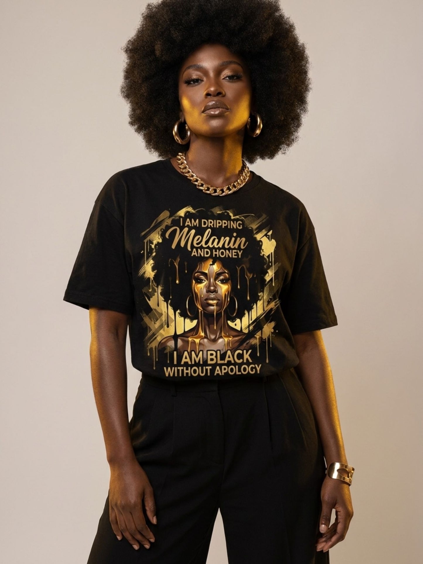 Dripping Melanin and Honey: Black Queen Gold Edition Graphic T-Shirt - BoldnTold