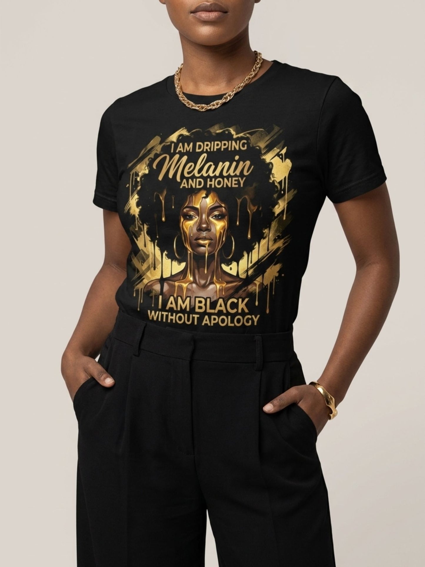 Dripping Melanin and Honey: Black Queen Gold Edition Graphic T-Shirt - BoldnTold