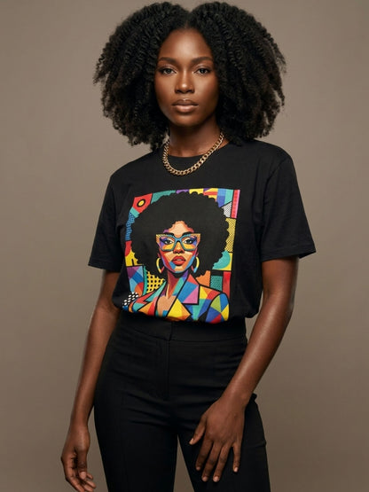 Black Queen Pop Art: Geometric Afro Portrait Graphic T-Shirt - BoldnTold