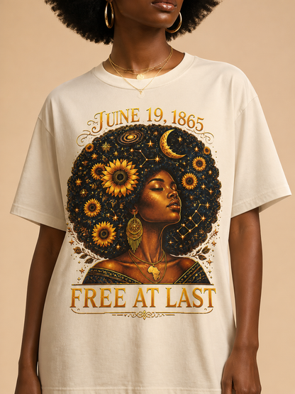 Free At Last Juneteenth: Celestial Afro Melanin Queen Graphic T-Shirt - BoldnTold
