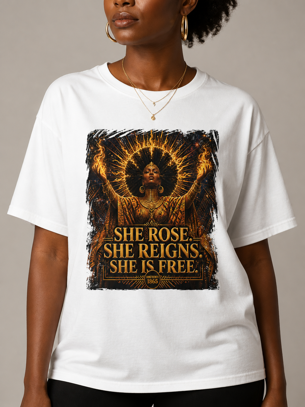 She Rose She Reigns She Is Free: Juneteenth Goddess Graphic T-Shirt - BoldnTold