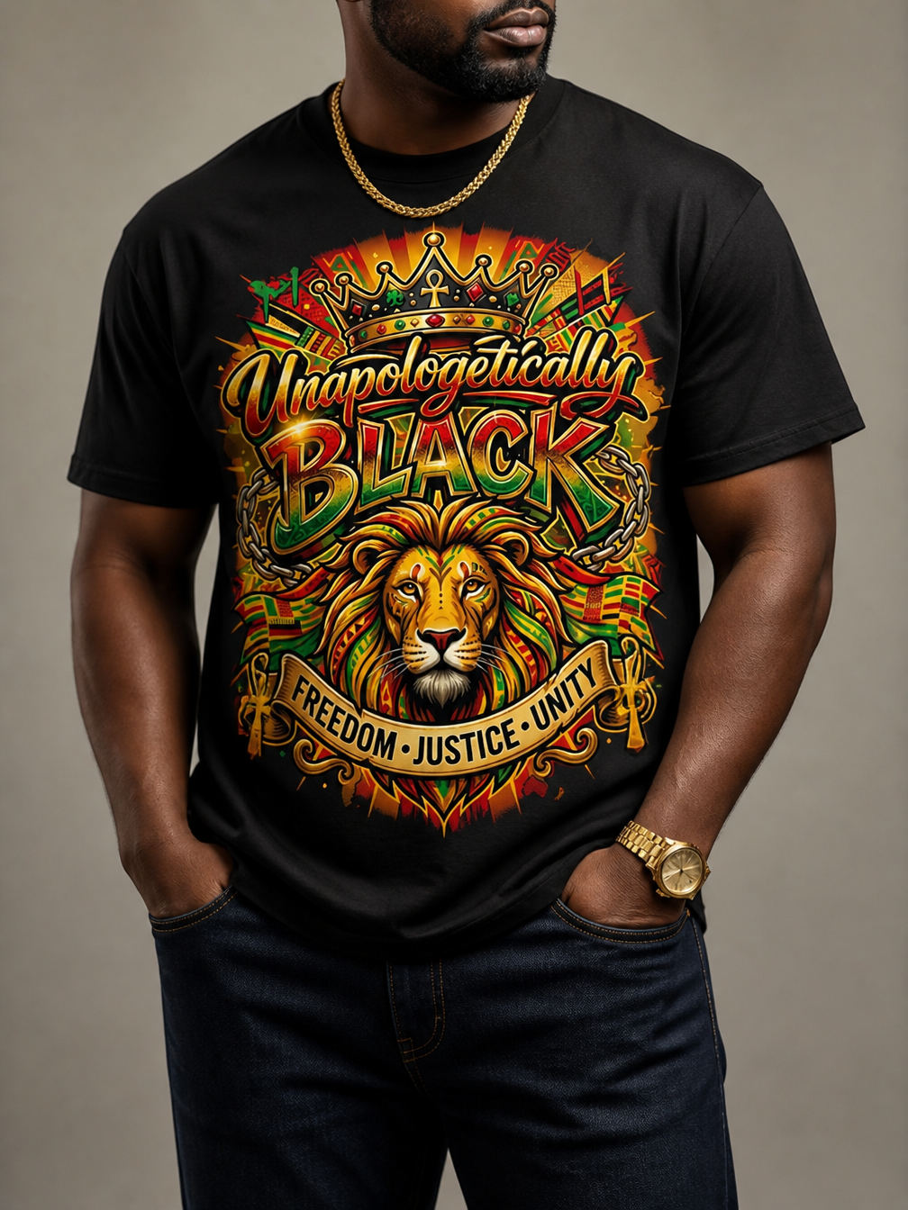 Unapologetically Black Lion Crown: Pan-African Pride Graphic T-Shirt - BoldnTold