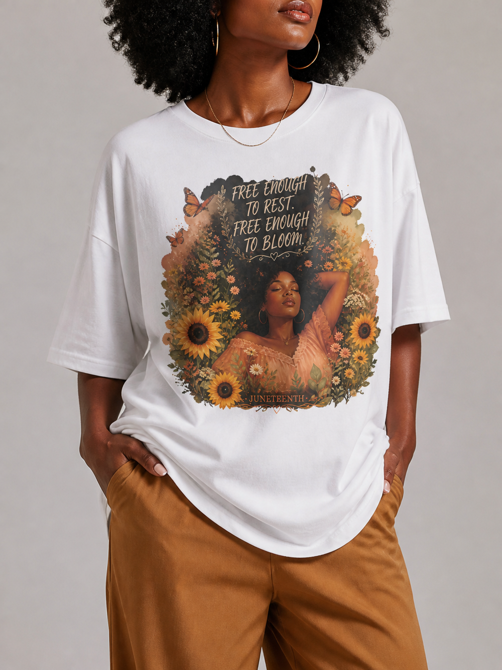 Free Enough To Rest: Juneteenth Floral Melanin Queen Graphic T-Shirt - BoldnTold
