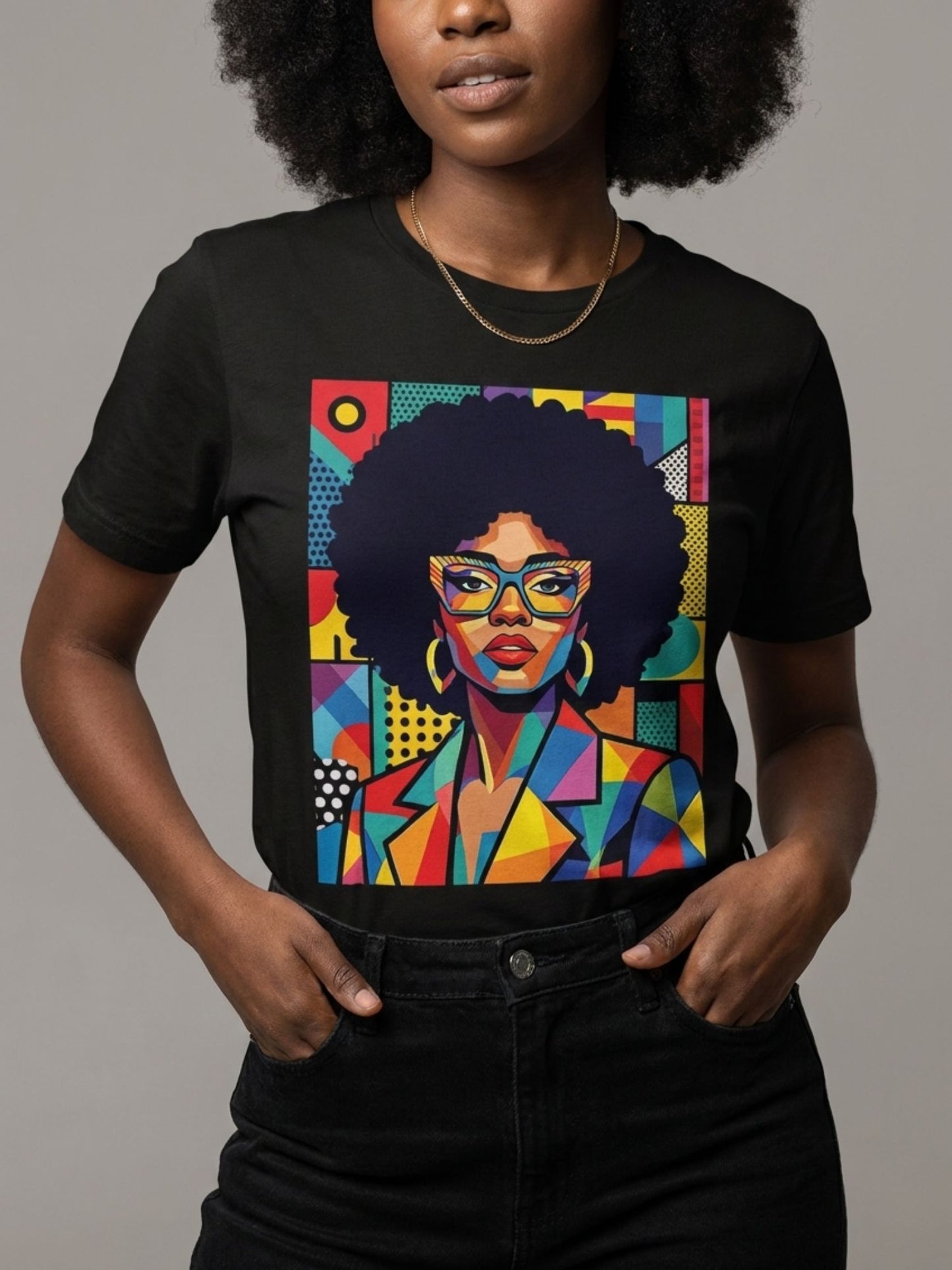 Black Queen Pop Art: Geometric Afro Portrait Graphic T-Shirt - BoldnTold