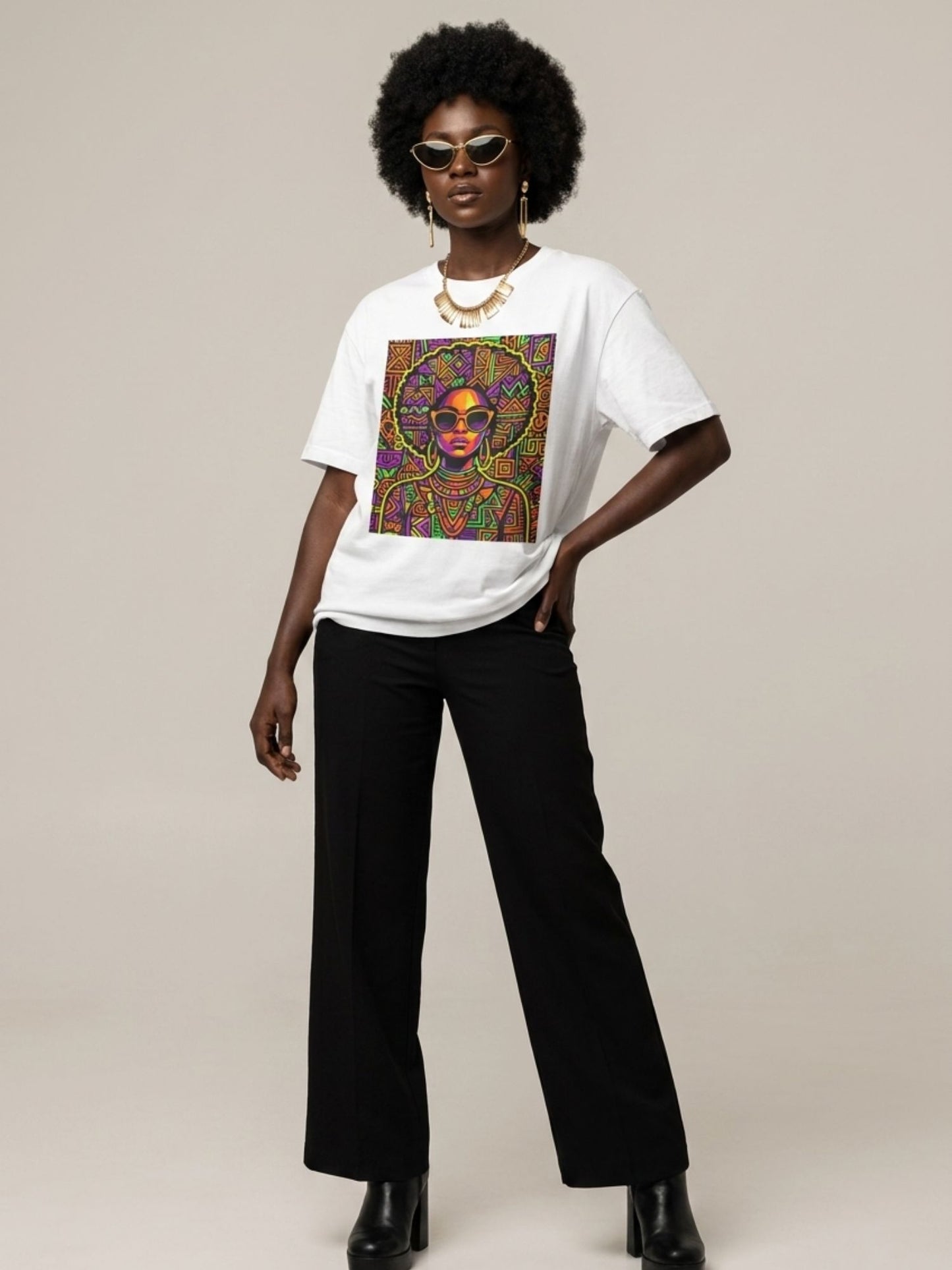 Neon Tribal Queen: Afrocentric Pop Art Black Woman Graphic T-Shirt - BoldnTold