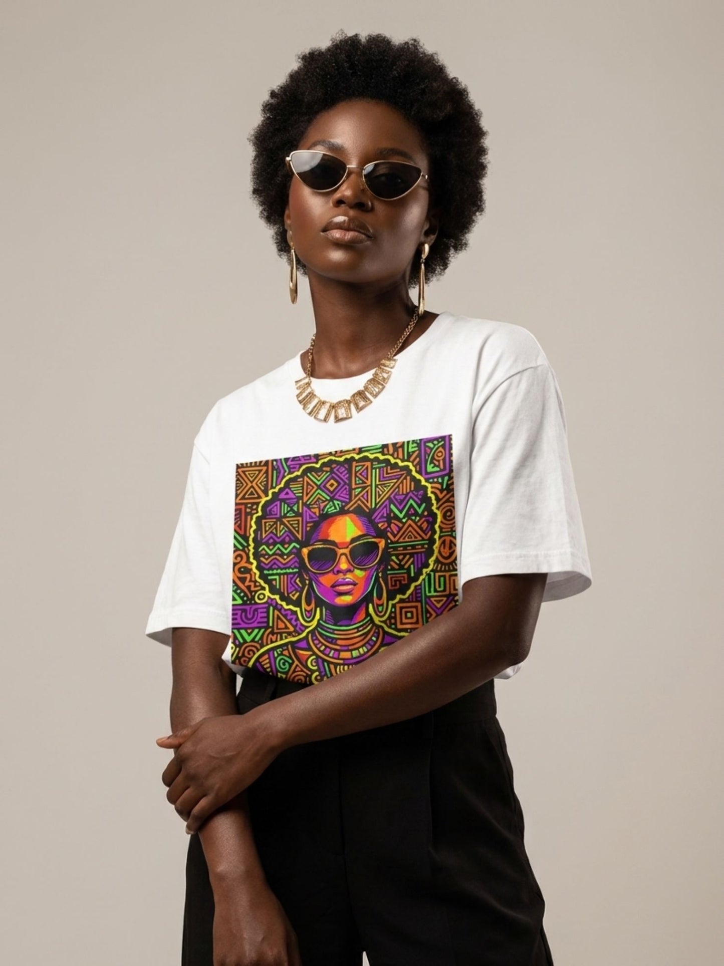 Neon Tribal Queen: Afrocentric Pop Art Black Woman Graphic T-Shirt - BoldnTold
