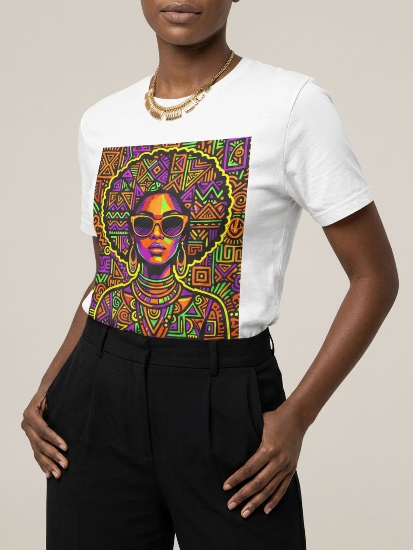 Neon Tribal Queen: Afrocentric Pop Art Black Woman Graphic T-Shirt - BoldnTold