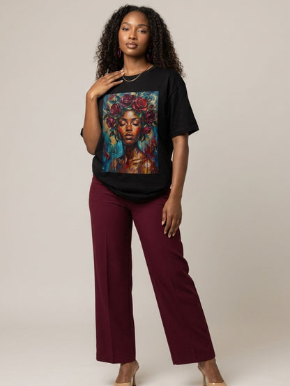 Painted Queen: Oil Painting Floral Black Woman Graphic T-Shirt - BoldnTold