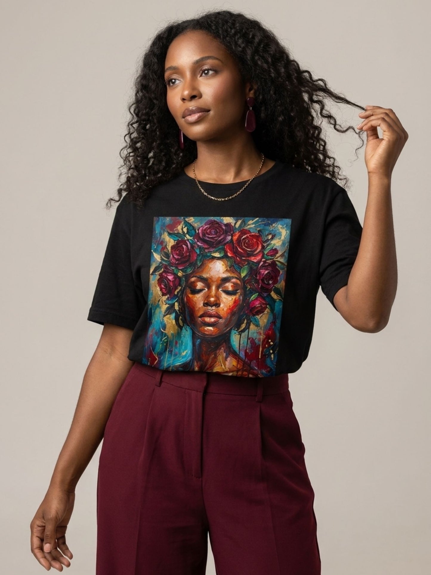 Painted Queen: Oil Painting Floral Black Woman Graphic T-Shirt - BoldnTold