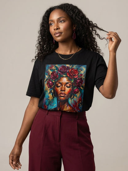 Painted Queen: Oil Painting Floral Black Woman Graphic T-Shirt - BoldnTold