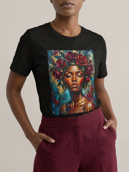 Painted Queen: Oil Painting Floral Black Woman Graphic T-Shirt - BoldnTold