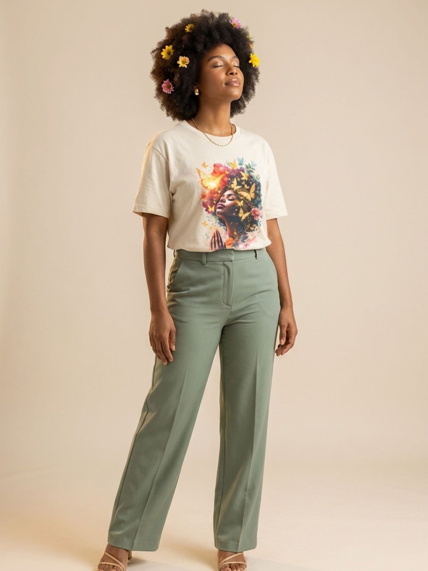 Praying Black Queen: Ethereal Floral Butterfly Graphic T-Shirt - BoldnTold