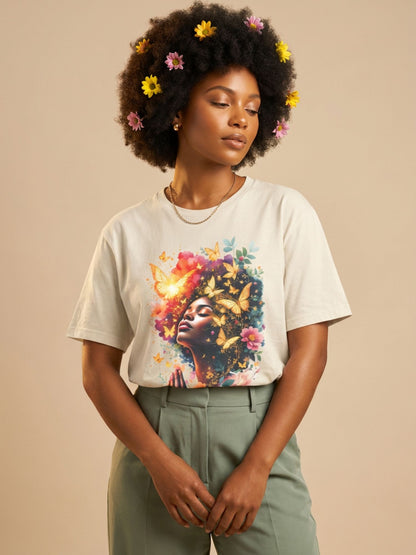 Praying Black Queen: Ethereal Floral Butterfly Graphic T-Shirt - BoldnTold