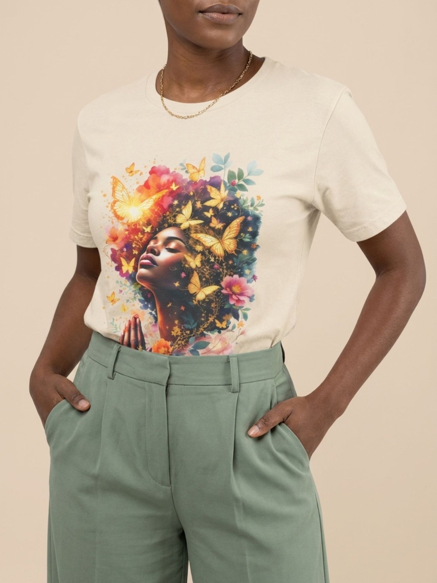 Praying Black Queen: Ethereal Floral Butterfly Graphic T-Shirt - BoldnTold