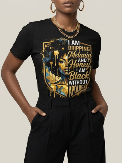 The Royal Shield: Dripping Melanin and Honey Black Queen Graphic T-Shirt - BoldnTold