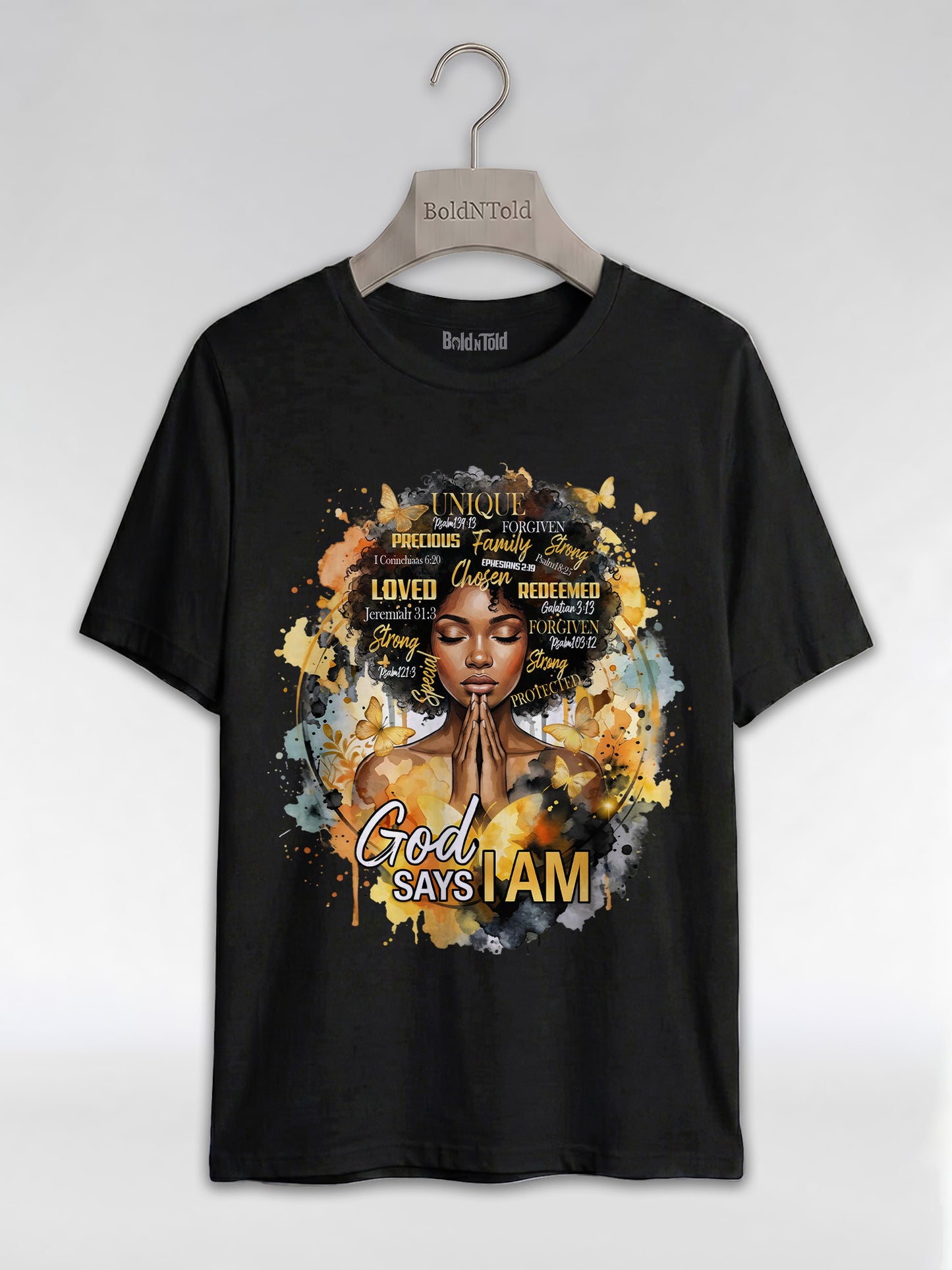 God Says I Am: Black Queen Christian Affirmations Graphic T-Shirt - BoldnTold