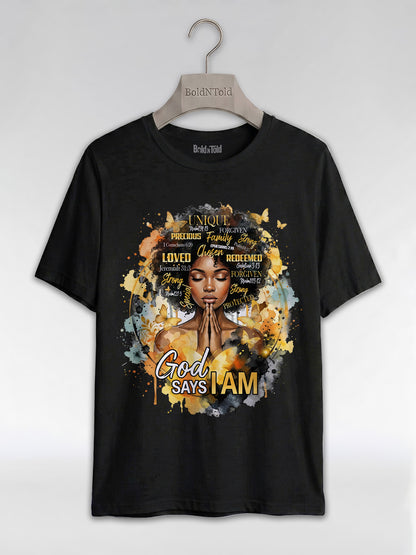 God Says I Am: Black Queen Christian Affirmations Graphic T-Shirt - BoldnTold