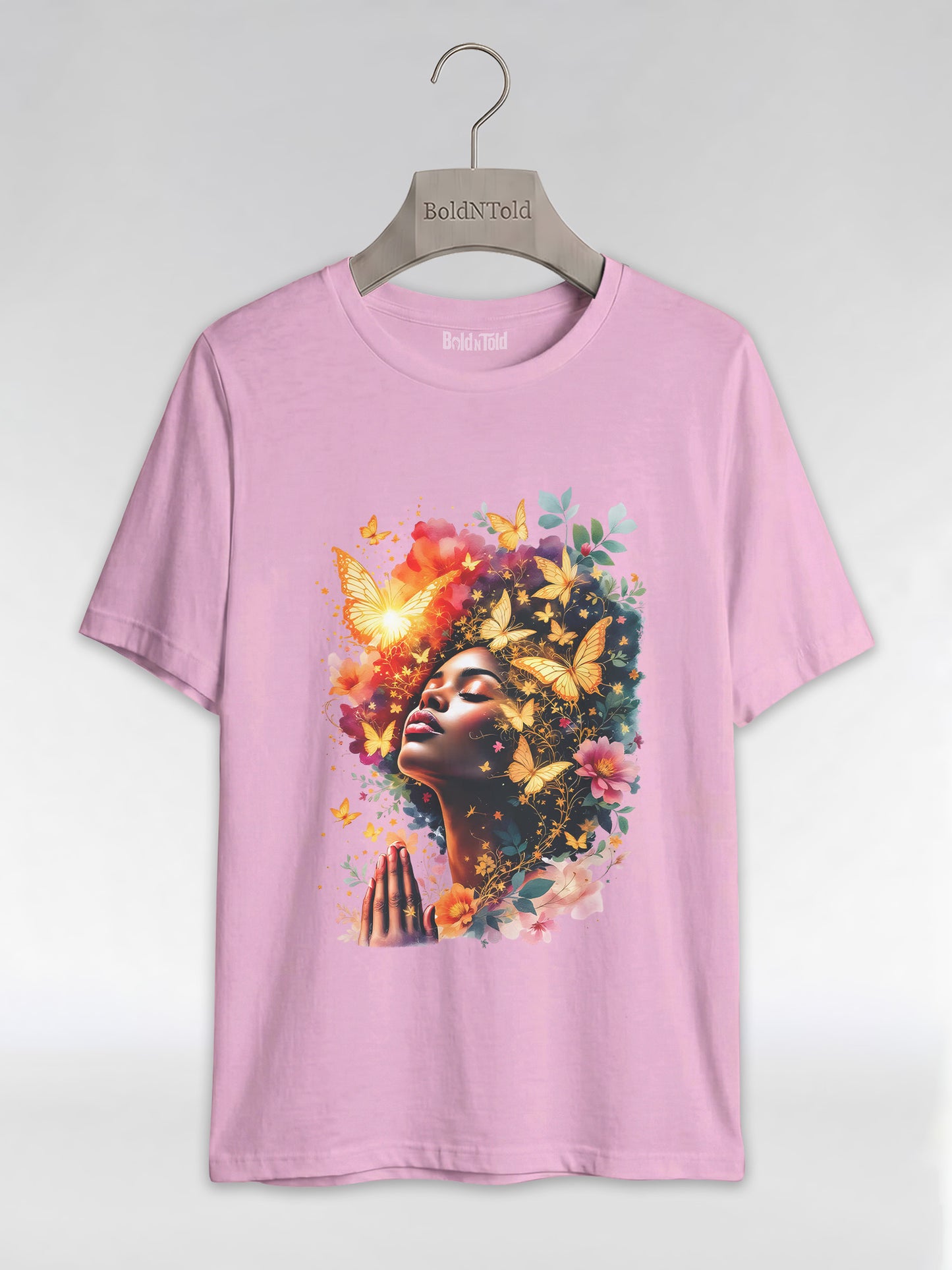 Praying Black Queen: Ethereal Floral Butterfly Graphic T-Shirt - BoldnTold