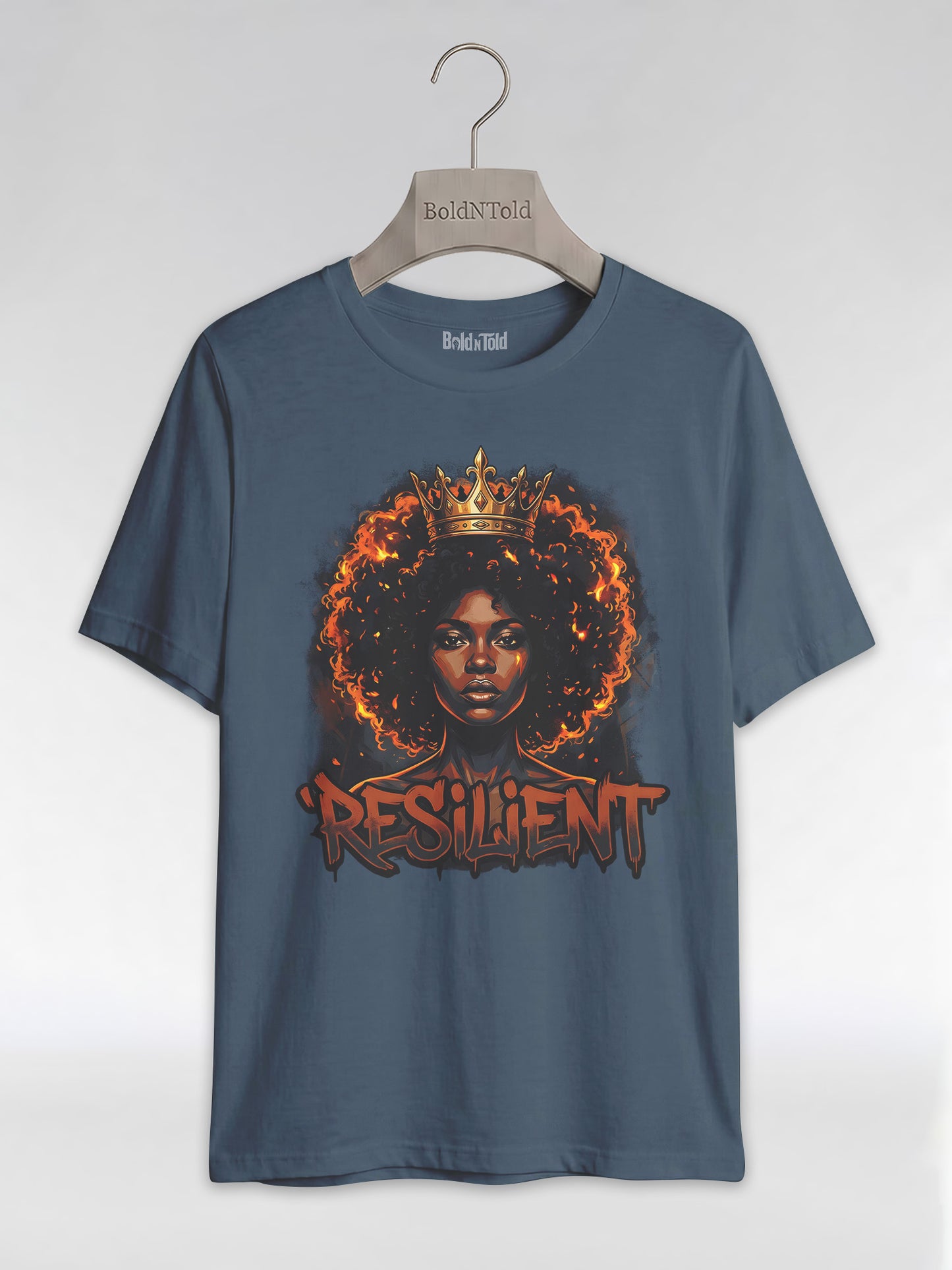 Resilient Black Queen: Fire Afro Crown Graphic T-Shirt - BoldnTold