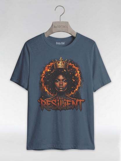 Resilient Black Queen: Fire Afro Crown Graphic T-Shirt - BoldnTold