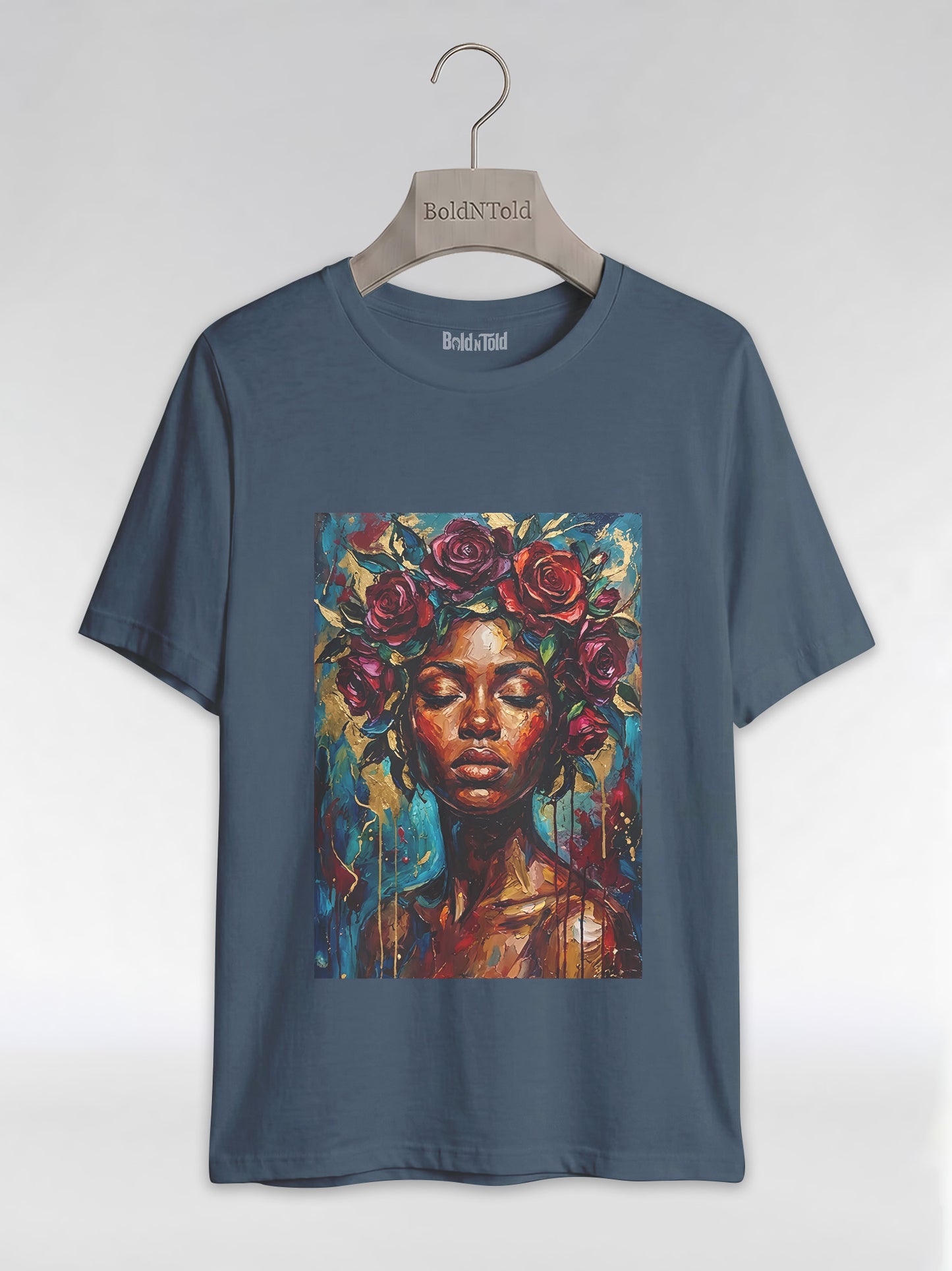 Painted Queen: Oil Painting Floral Black Woman Graphic T-Shirt - BoldnTold