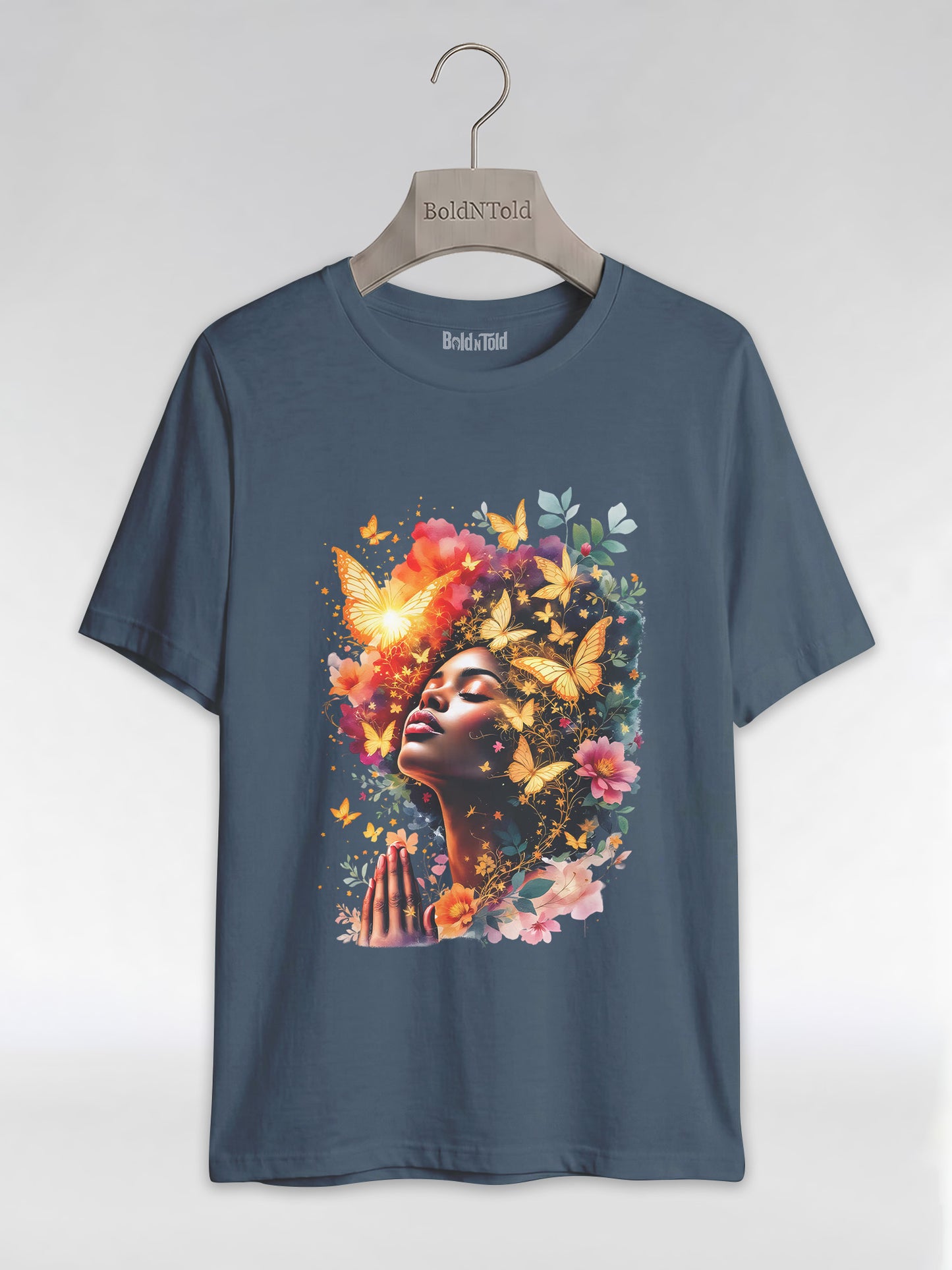 Praying Black Queen: Ethereal Floral Butterfly Graphic T-Shirt - BoldnTold