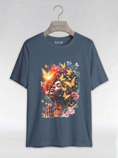 Praying Black Queen: Ethereal Floral Butterfly Graphic T-Shirt - BoldnTold