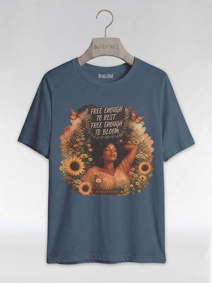 Free Enough To Rest: Juneteenth Floral Melanin Queen Graphic T-Shirt - BoldnTold