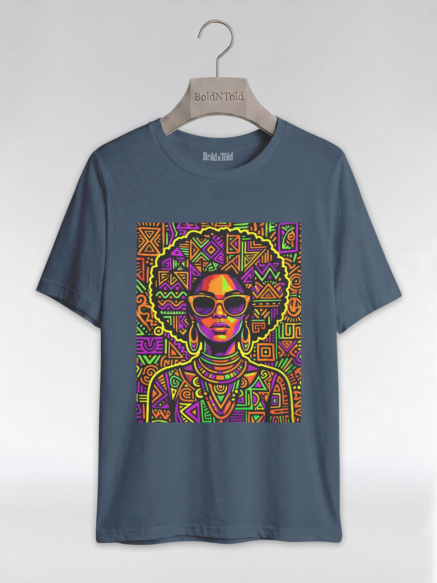 Neon Tribal Queen: Afrocentric Pop Art Black Woman Graphic T-Shirt - BoldnTold