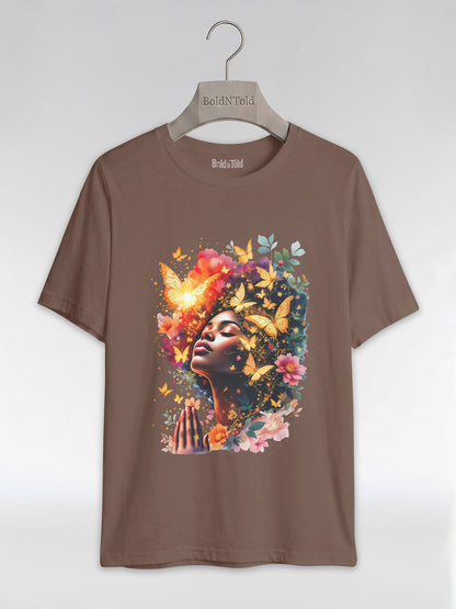 Praying Black Queen: Ethereal Floral Butterfly Graphic T-Shirt - BoldnTold