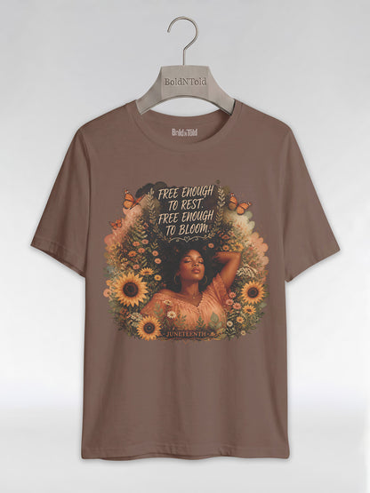 Free Enough To Rest: Juneteenth Floral Melanin Queen Graphic T-Shirt - BoldnTold