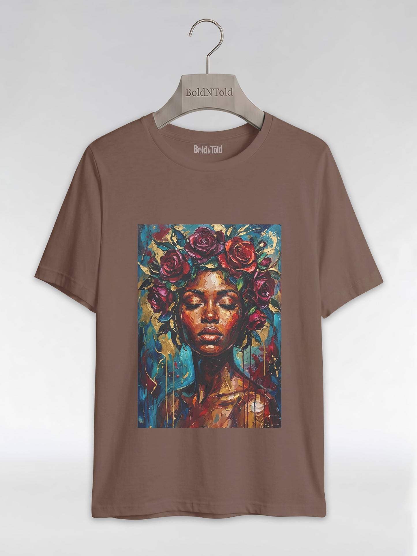 Painted Queen: Oil Painting Floral Black Woman Graphic T-Shirt - BoldnTold