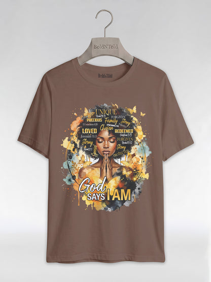 God Says I Am: Black Queen Christian Affirmations Graphic T-Shirt - BoldnTold