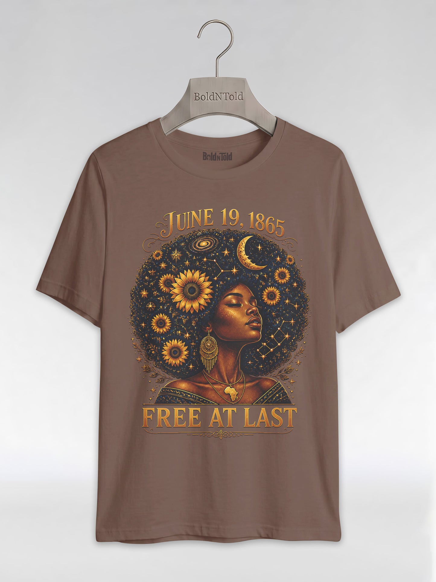 Free At Last Juneteenth: Celestial Afro Melanin Queen Graphic T-Shirt - BoldnTold