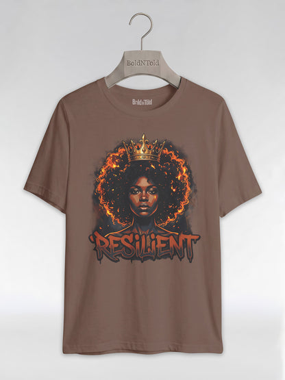 Resilient Black Queen: Fire Afro Crown Graphic T-Shirt - BoldnTold