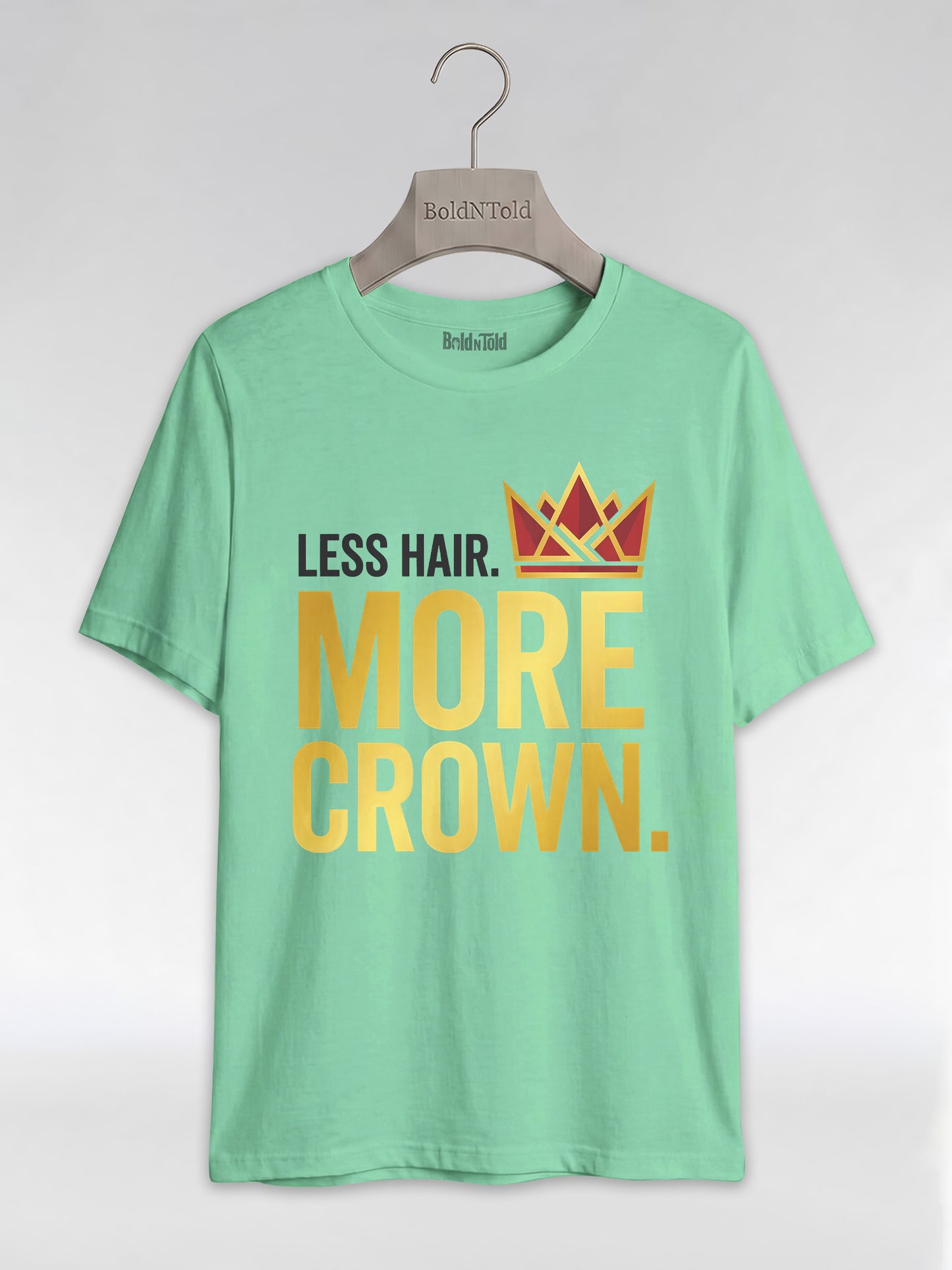 Bald & Proud: Less Hair More Crown Golden Typography Graphic T-Shirt - BoldnTold