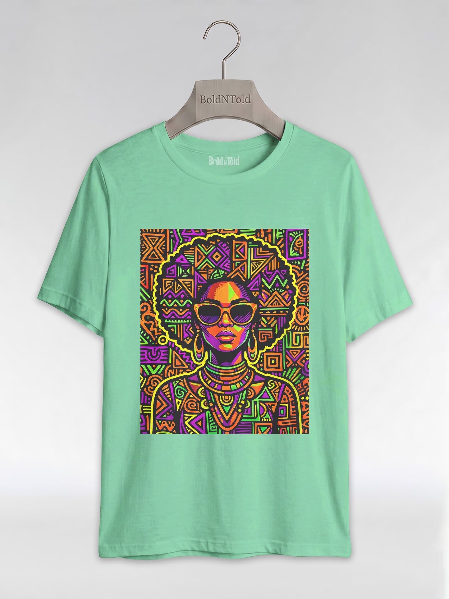Neon Tribal Queen: Afrocentric Pop Art Black Woman Graphic T-Shirt - BoldnTold