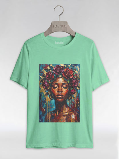 Painted Queen: Oil Painting Floral Black Woman Graphic T-Shirt - BoldnTold