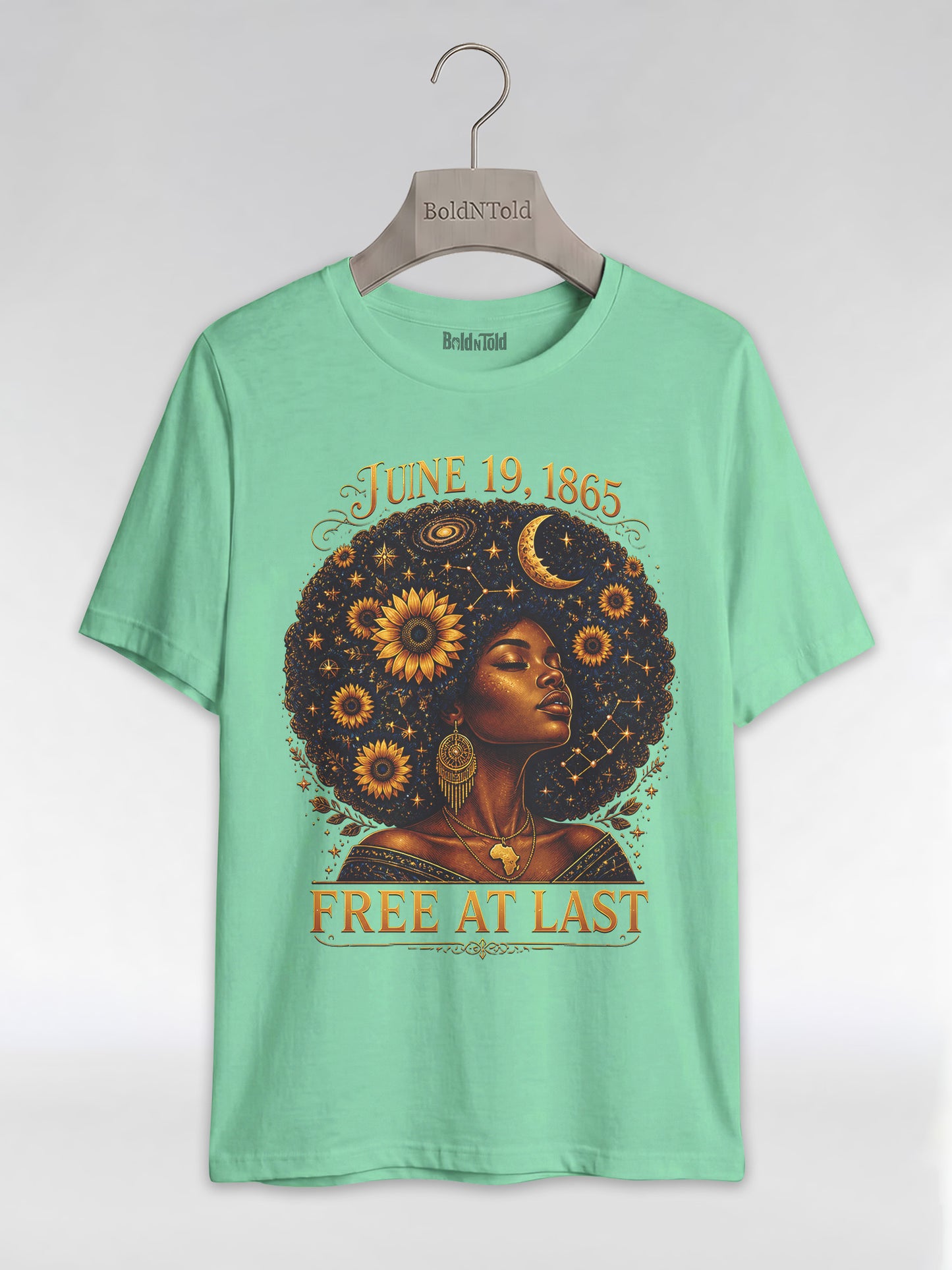 Free At Last Juneteenth: Celestial Afro Melanin Queen Graphic T-Shirt - BoldnTold